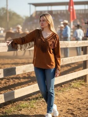 Women's Brown Fringe V-Neck faux Suede Long-Sleeve Top Sz L